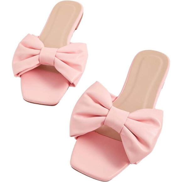 Women's Bow Pink Square Open Toe Breathable Slip On Slide Sandals Flat Shoes - Picture 5 of 5